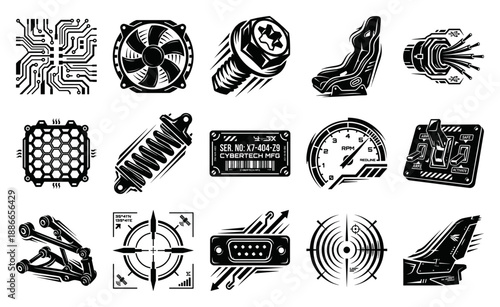 Linocut Style Cybernetic Engineering Element Kit for Industrial Sci-Fi Tech Graphic Design