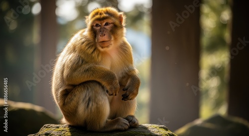 Barbary macaque sitting in a forest, looking focused.