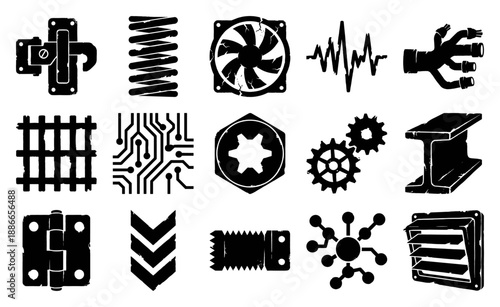 Grungy Linocut Industrial Hardware Element Kit for Cyberpunk and Steampunk Graphic Design