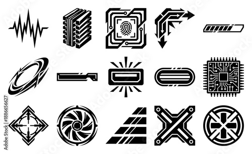 Futuristic Cyberpunk Tech Elements Graphic Set for Sci-Fi Interface Design and Gaming HUD Assets