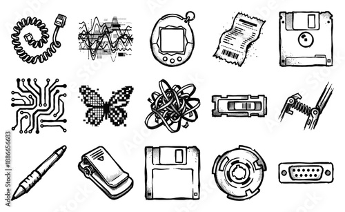 Retro Tech Halftone Engraving Element Kit for Y2K Aesthetic and Digital Nostalgia Graphic Design