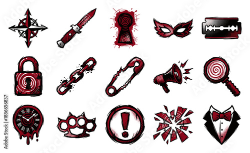 Grungy Hand-Drawn Mystery and Suspense Graphic Element Kit for Noir Thriller and Escape Room Visuals