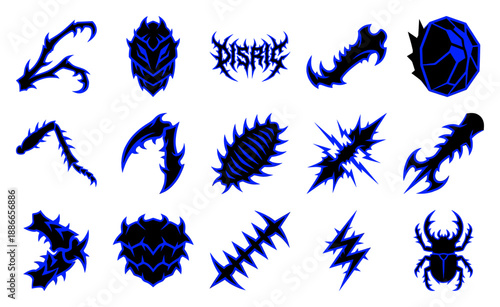 Aggressive Neo-Tribal Beetle and Insectoid Graphic Asset Sheet for Cyberpunk Streetwear Design