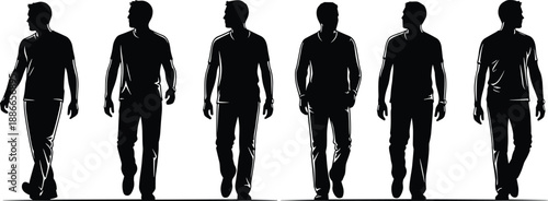 Silhouettes of a man walking in six progressive poses illustrating motion and posture variation in horizontal layout