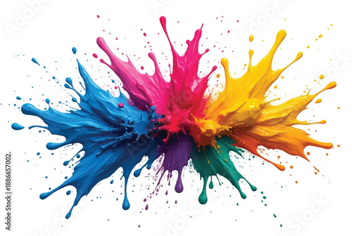Abstract colorful paint splatter on white background.  Abstract colorful splash. Colorful paint explosion, illustration.	
