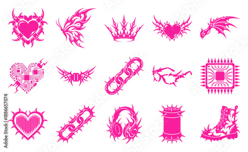 Cybery2k Aesthetic Chrome Hearts and Tech Graphics Element Kit for Futuristic Streetwear Branding