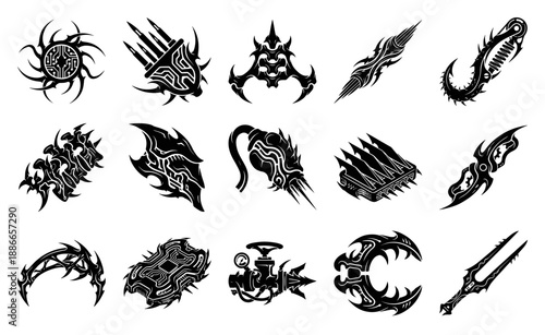 Cybernetic Bio-Organic Tribal Engravings Graphic Asset Sheet for Dark Sci-Fi Mechanical Design