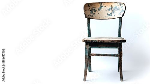 An old, distressed wooden chair, showing years of wear and chipped paint, stands isolated against a pristine white background, captured with a subtle, melancholic mood