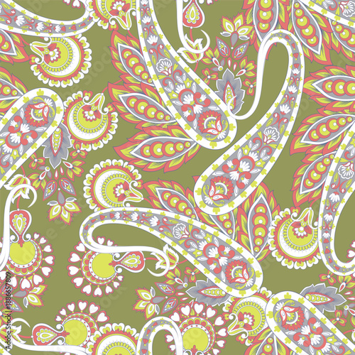 Boho-style vector seamless paisley pattern with flowers, great for fashion, wrapping paper, and home decor.
