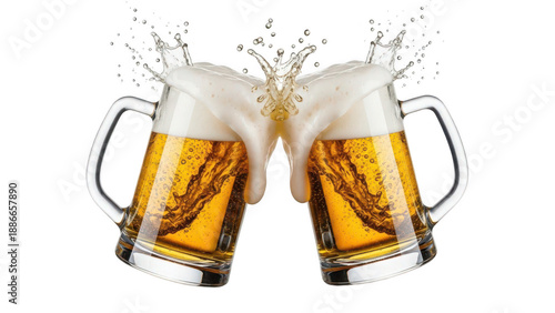 Two beer mugs clinking in a toast overflowing with foam on transparent background