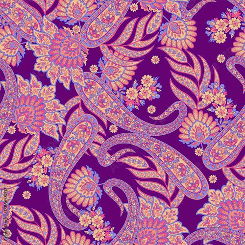 Paisley vector seamless design flowers and leaves in a batik-inspired style. Vintage fabric backdrop