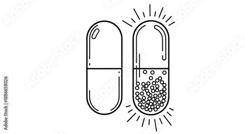 Black and white line art of two medical pill capsules with granule filling for pharmaceutical and healthcare concepts.