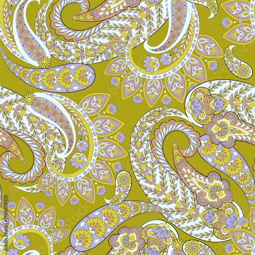 Paisley seamless vector pattern with fantastic flowers and leaves. Bohemian textile print inspired by batik. Vintage style