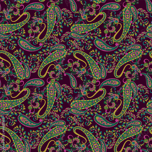 Floral seamless pattern with paisley ornament. Vector illustration in asian textile style