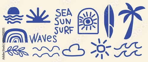 Beach and surfing illustrations with sea sun surf waves theme