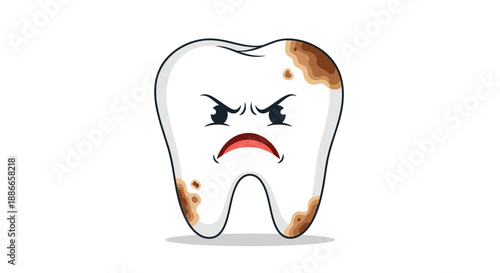 Angry cartoon tooth character with brown decay stains for dental health education and oral hygiene awareness.