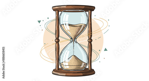 Detailed vintage wooden hourglass with flowing sand for time management and countdown concepts on abstract background.