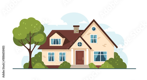 Beautiful suburban family house with brown roof green lawn and large tree for real estate and home living concepts.