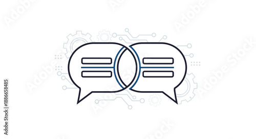 Two outline speech bubbles with technical gear background representing digital communication and technological synergy.