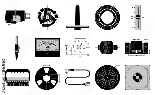 Minimalist Analog Audio Engineering Graphic Asset Sheet for Vintage Hi-Fi and Sound Production Design