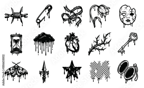 Dark Gothic Engraving Melancholy Symbols Element Kit for Alternative Underground Fashion and Tattoo Flash Art