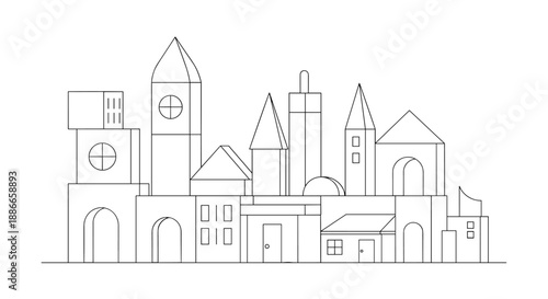 Sketch of a toy block city featuring various geometric shapes such as towers with cones and houses with triangular roofs.