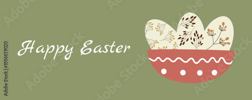 Scandinavian Easter Banner with Plate of Decorated Eggs and Floral Elements, Minimal Nordic Design