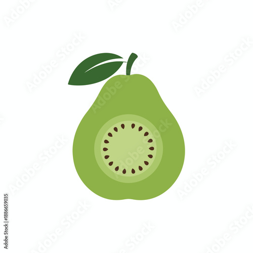 Stylized green fruit possibly guava shown cut in half revealing seeds