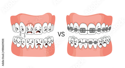 Medical comparison illustration showing unhealthy crooked teeth versus straight teeth being corrected with metal braces.