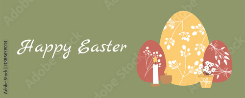 Nordic Easter Greeting Card with Decorated Eggs, Candles and Floral Elements, Scandinavian Style