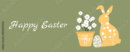 Scandinavian Easter Banner with Bunny, Decorative Egg and Spring Flowers, Minimal Nordic Style