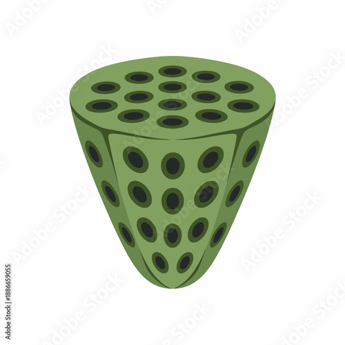 Stylized green inverted conical object resembling a lotus seed head with circular markings