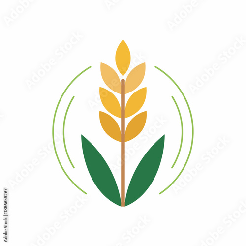 Stylized icon of a wheat stalk with green leaves encircled by curved green lines