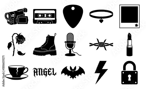 Flat Vector Grunge and Alt Aesthetic Graphic Set for Y2K Nostalgia and Emo Subculture Projects