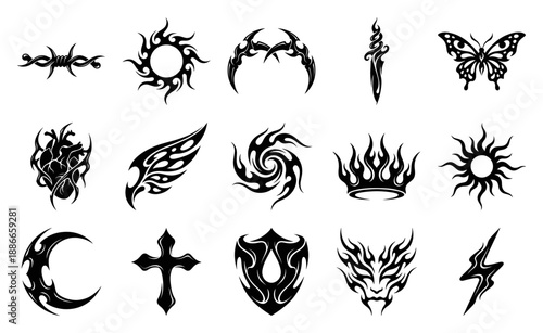 Tribal Cybercore Black Ink Element Kit for Neo-Traditional Tattoo Flash and Alternative Streetwear Design