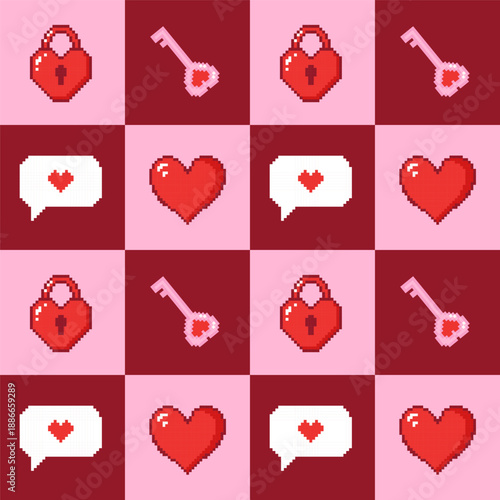 Seamless pixel pattern with hearts, love messages, keys and padlocks. Vector illustration. 