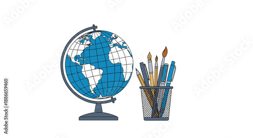 Educational illustration of a blue desk globe standing next to a wire mesh cup filled with pens, pencils, and art brushes.