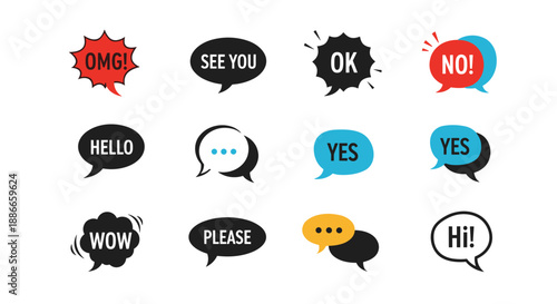 Assorted set of colorful comic style speech bubbles containing common expressions like hello, please, see you, and wow.