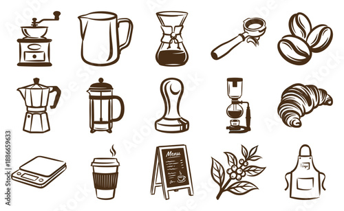 Vintage Hand Drawn Coffee Culture Graphic Element Kit for Artisanal Cafe Branding and Bistro Menus