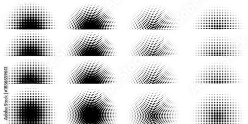 Halftone gradient circles collection. Dots textured round patterns. Cartoon comic radial faded background set. Abstract pixelated elements for frame, poster, collage, banner, flyer. Vector bundle