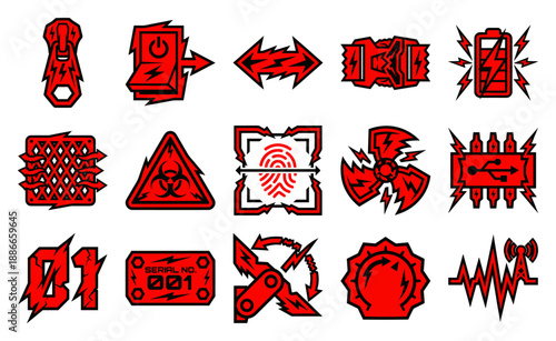 Aggressive Techwear Red and Black Decal Element Kit for Cyberpunk Military Graphic Design