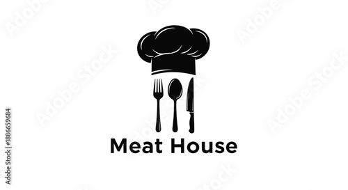 Professional logo design for a steakhouse or restaurant named Meat House featuring a chef hat and kitchen utensils icon.
