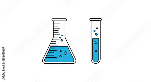 Chemistry lab equipment illustration featuring an Erlenmeyer flask and a test tube filled with bubbling blue liquid solution.