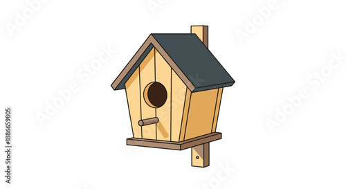 Wooden birdhouse illustration with a dark sloping roof and a round entry hole mounted on a vertical wooden post support.