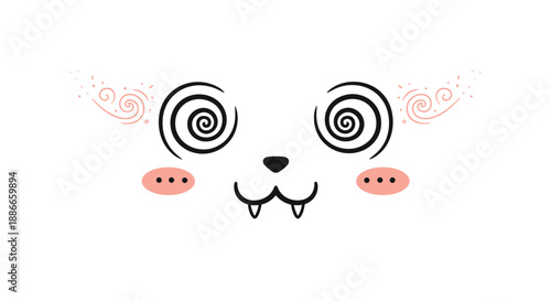 Playful cartoon face with spiral eyes and fangs suggesting a dizzy or confused monster character with blushing pink cheeks.