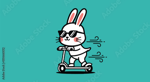 Cartoon rabbit riding scooter on green