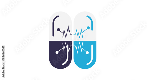 Abstract medical concept icon featuring two capsules joined by a heartbeat pulse line representing pharmaceutical healthcare.