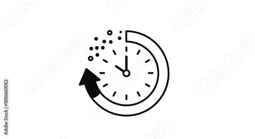 Symbolic time management icon showing a clock face with particles drifting away to represent the passing of time or speed.