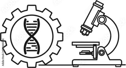 DNA gear and microscope outline icon, biotechnology and genetics laboratory research concept, editable stroke line vector illustration isolated