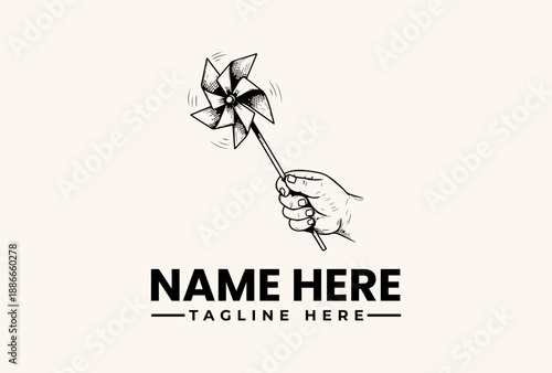 A hand holds a pinwheel with customizable text for a logo or icon on a plain background, illustration with a simple style.